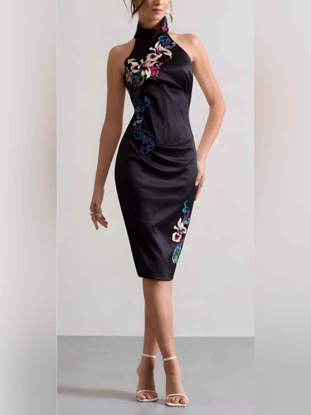Karen Millen Vintage Y2K Floral Oriental Asian Satin Laced Open Cutout Back 6 US